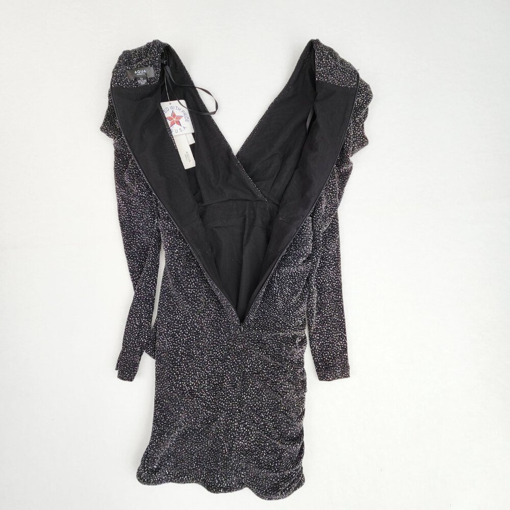 AQUA Metallic Ruched Faux Wrap Mini Dress Black Silver Puff Sleeve NWT Size 0 - Picture 5 of 8